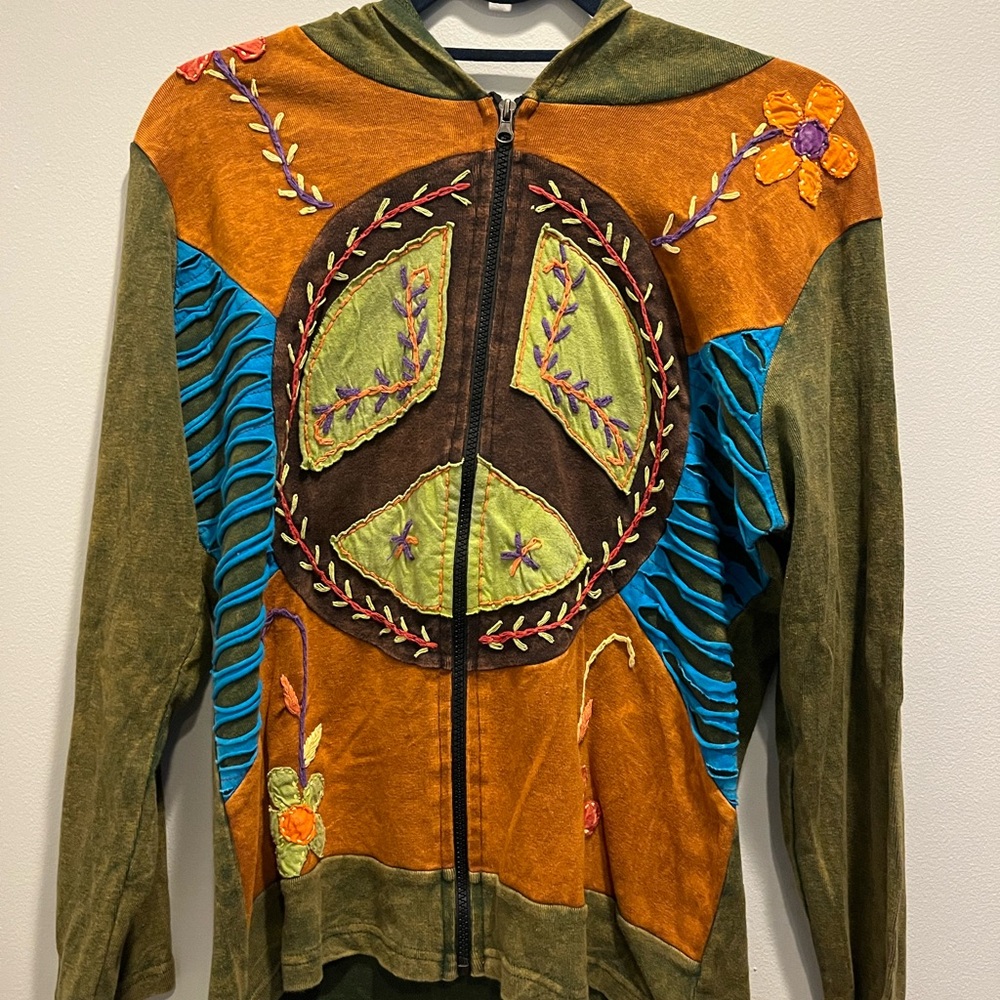Peace and Love Fall Ribbed Knit Jacket with Embroidery